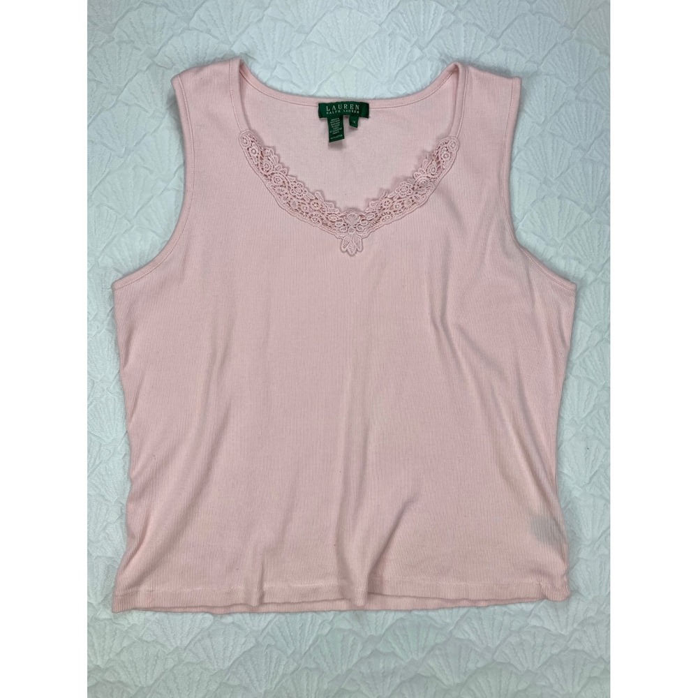Lauren Ralph Lauren Lace Trim Ribbed Tank Top Women 1X Pink Layering Summer Chic